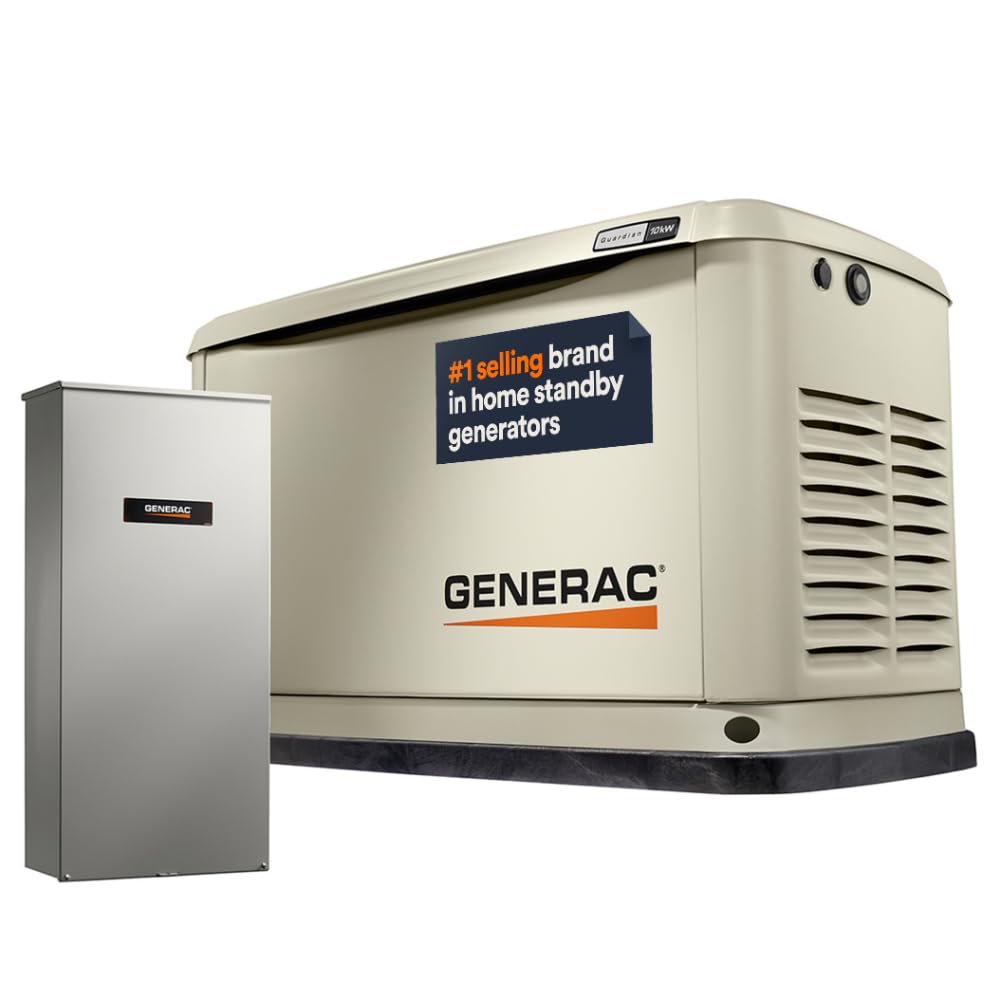 10kW Generac Guardian Home Standby Generator with 100 Amp Transfer Switch - Automatic Whole House Backup Power for Storms, Emergencies, and Outages, WiFi Enabled, Runs on Natural Gas or Liquid Propane