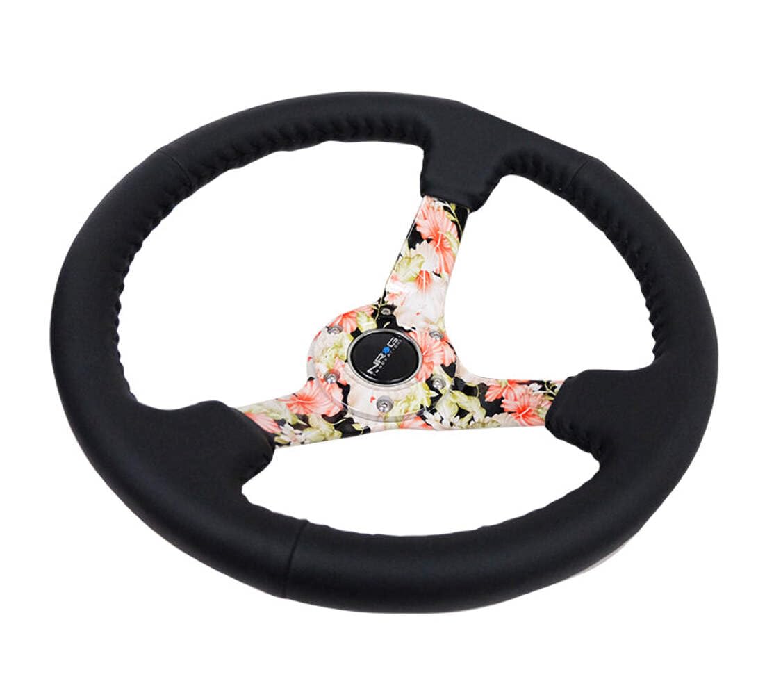 NRG Innovations Reinforced Steering Wheel NRG-RST-036FL-R Hydro Dipped Tropical Floral 3" Deep, 5mm Spoke, 350mm Sport Steering Wheel Black Leather With Black Baseball Stitching