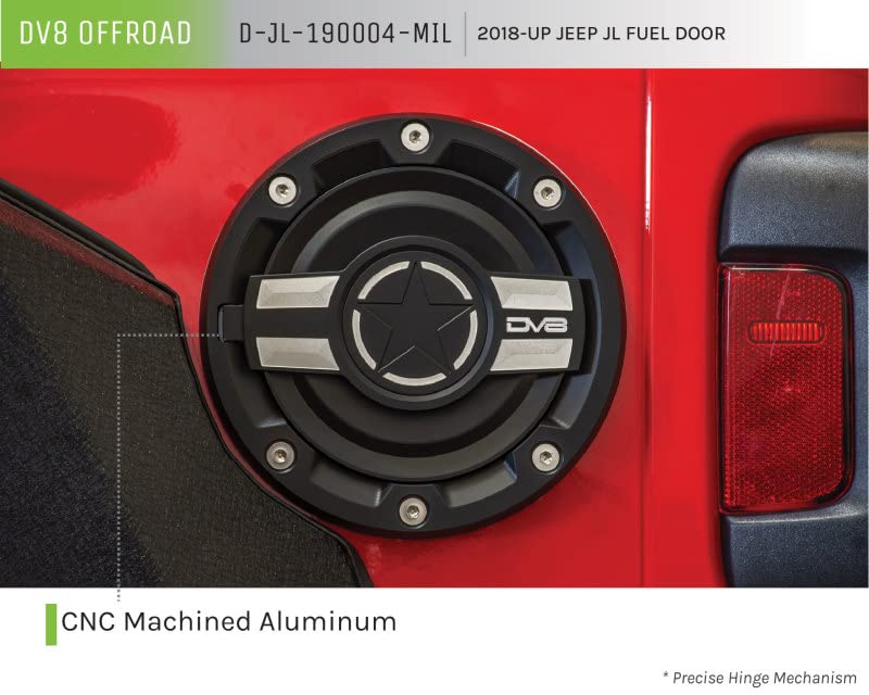 D-JL-190004-MIL | DV8 Offroad Fuel Door for 18-21 Wrangler JL | Magnetic Closure | Aluminum Construction | Complete Replacement Kit