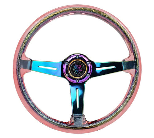 NRG Innovations Reinforced Steering Wheel NRG-RST-027MC-RD 350mm 2" Deep Dish Clear Acrylic in Red and NeoChrome Spoke Finish with Slits