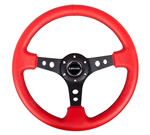 NRG Innovations Reinforced NRG-RST-006RR-BS Steering Wheel - 350mm Sport Steering Wheel (3" Deep) - Black Spoke with Round holes, Red Leather, Black Stitch