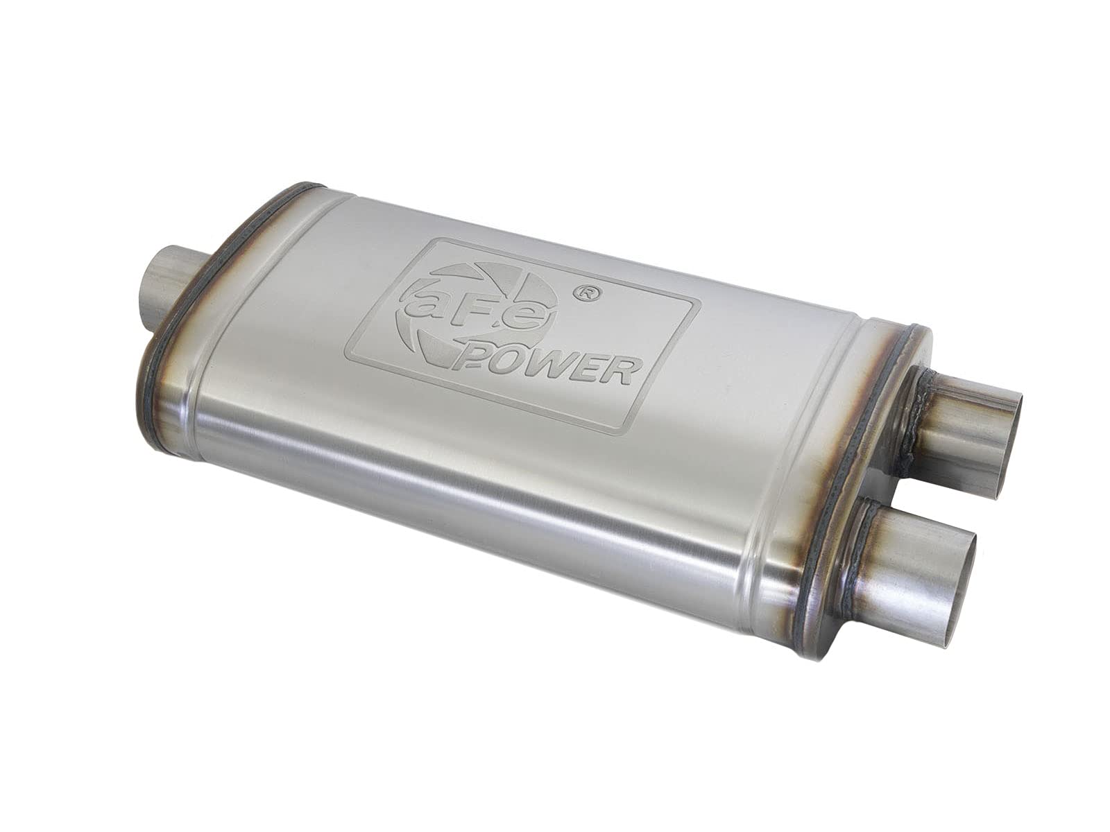 MACH Force-Xp aFe POWER 304 Stainless Steel Muffler, 3 IN ID Center/Dual-Outlet x 11 IN W x 6 IN H x 22 IN L - Oval Body