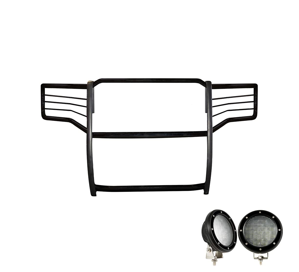 Bumper Guard Black Horse Grille Brush Modular Black Come with Pair of 5.3" Dia.LED Lights with Black Trim Rings Compatible with 2015-2019 GMC Sierra 2500 HD|2015-2019 GMC Sierra 3500 HD-17GS14MA-PLFB