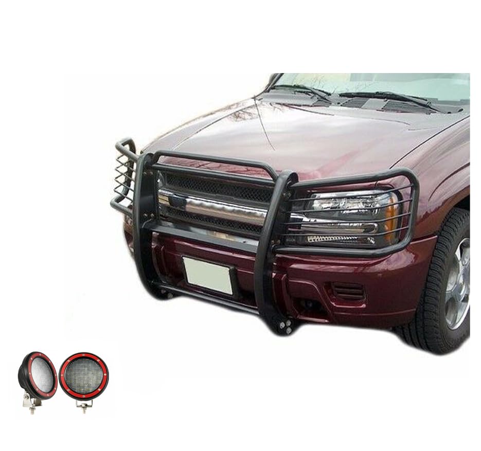 Black Horse Grille Brush Bumper Guard Black Modular Come with Pair of 5.3" Dia.LED Lights with Red Trim Rings Compatible with 2002-2009 Chevy Trailblazer|2002-2006 Chevy Trailblazer EXT-17GK26MA-PLFR
