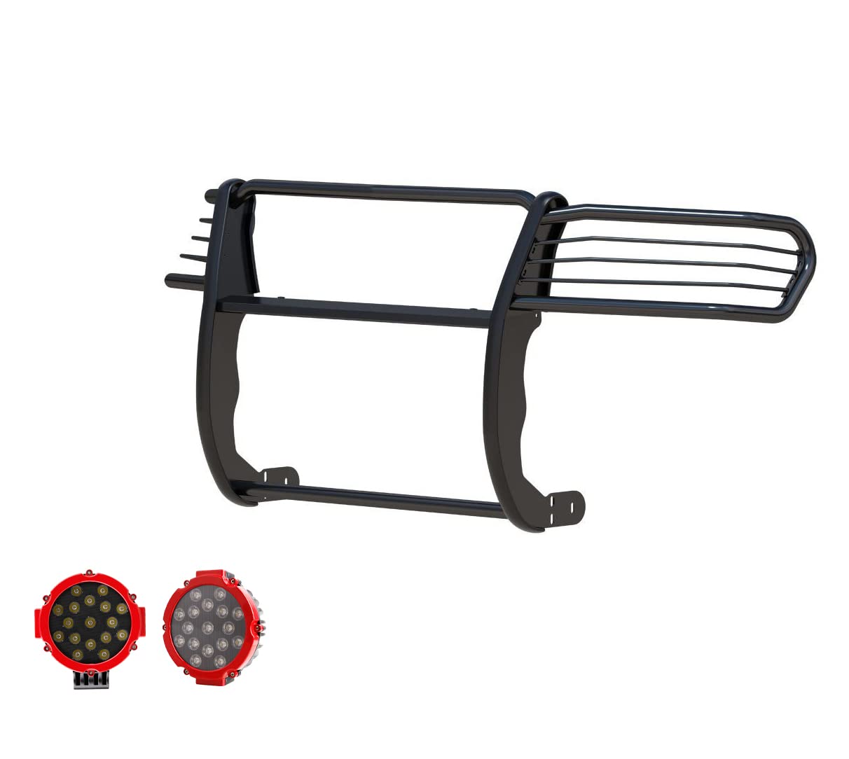 Bumper Guard Modular Black Black Horse Grille brush Come With pair of 7.0"Dia.LED Lights with Red Trim Rings Compatible with 1997-2003 Infiniti QX4|1996-2004 Nissan Pathfinder-17NE23MA-PLR