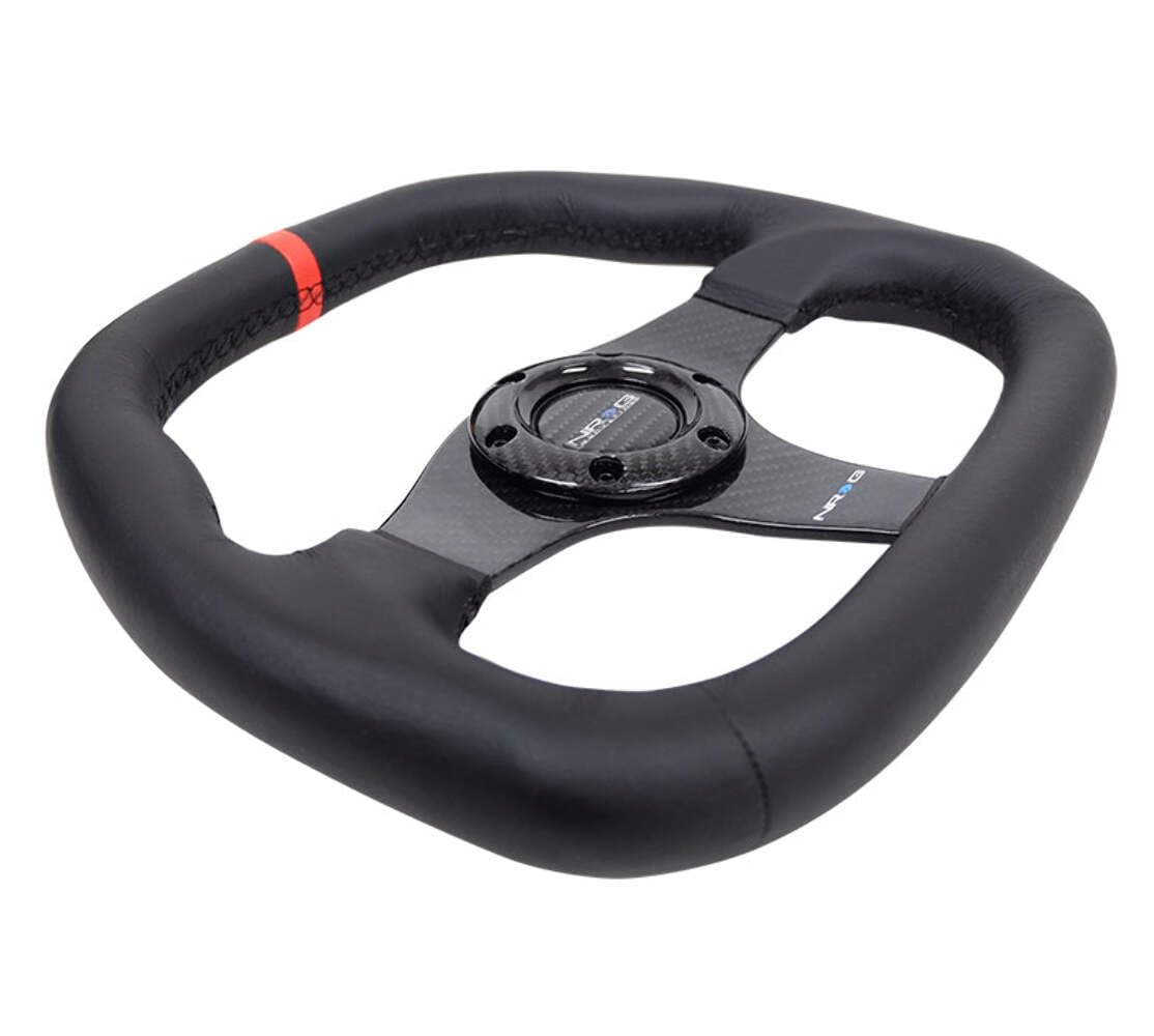 NRG Innovations Carbon Fiber Steering Wheel NRG-ST-019CF-R 320MM BLACK Carbon Fiber Center with Black Stitch RED Center Mark FLAT BOTTOM