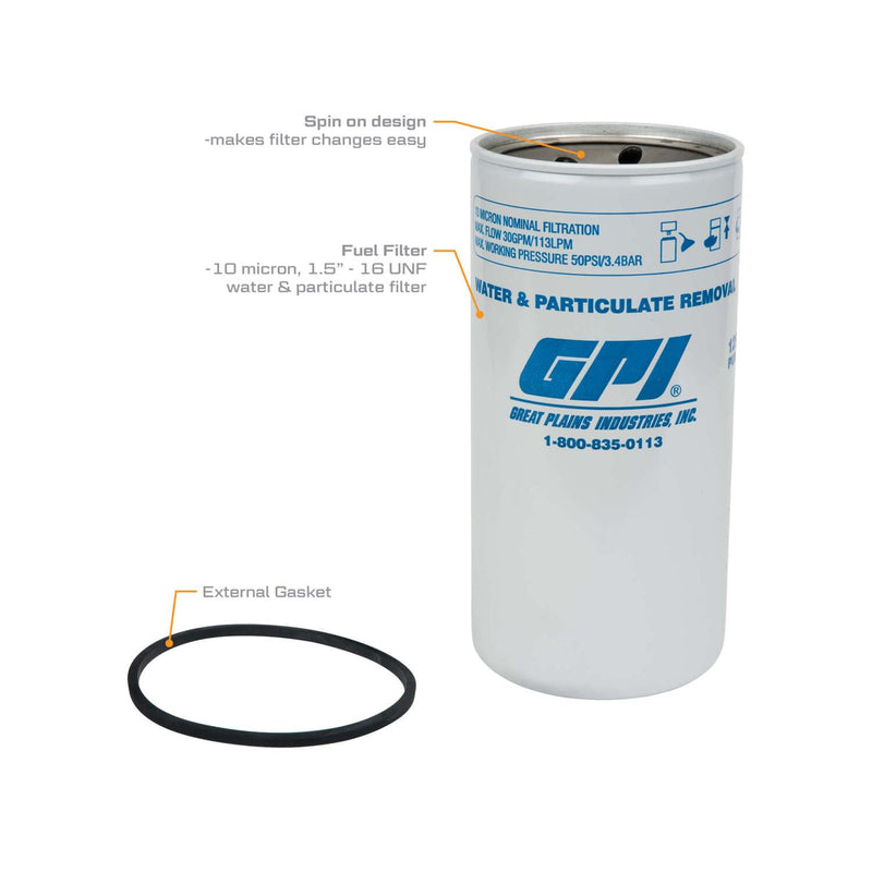 GPI Water and Particulate PW-30-10-1.5 Fuel Filter, 30 GPM (113 LPM), 10 Micron, 1.5-16 UNF Thread (GPI Genuine Accessory 129320-02)