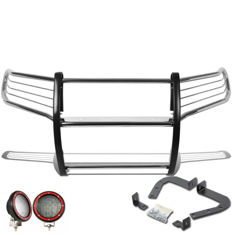 Bumper Guard Black Horse Grille Brush Modular Stainless Steel Come with Pair of 5.3" Dia.LED Lights with Red Trim Rings Compatible with 2016-2023 Toyota Tacoma-17A096402MSS-PLFR
