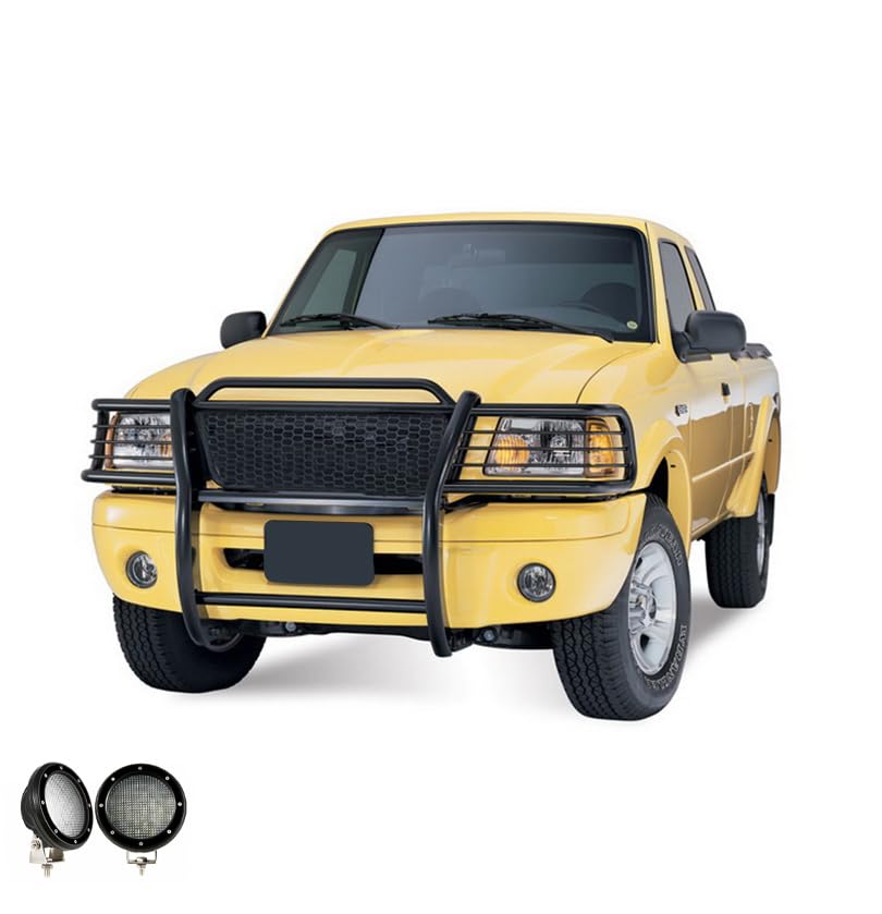 Grille Brush Black Horse Bumper Guard Modular Black Come with Pair of 5.3" Dia.LED Lights with Black Trim Rings Compatible with 2001-2012 Ford Ranger|2001-2012 Ford Ranger-17FR20MA-PLFB