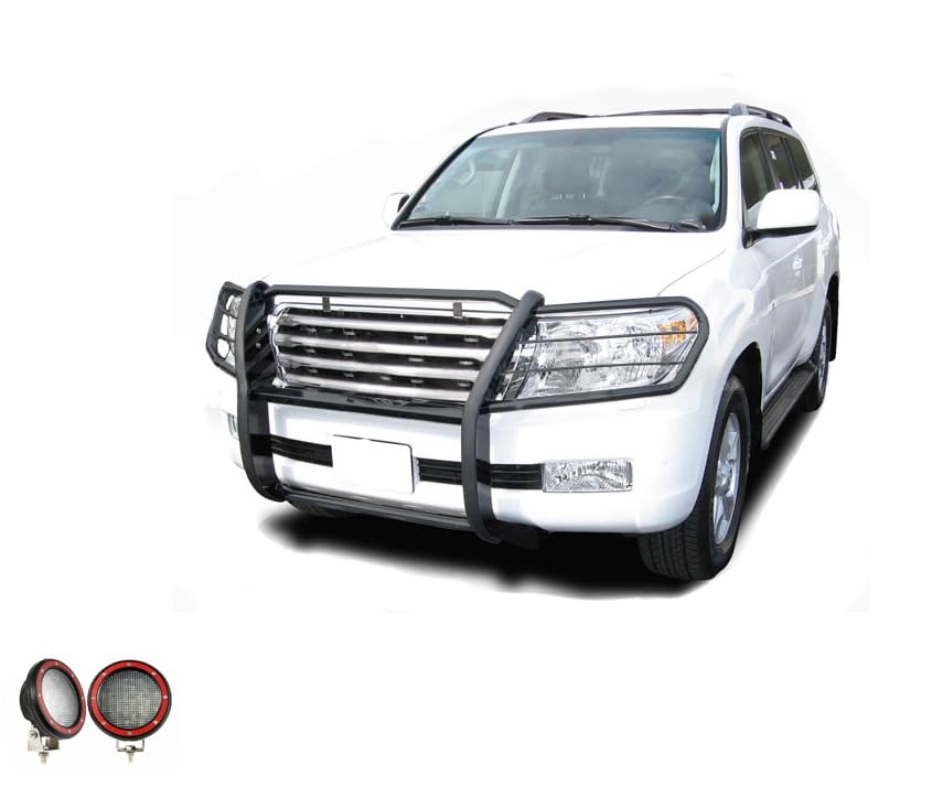 Bumper Guard Black Horse Grille Brush Modular Black Come with Pair of 5.3" Dia.LED Lights with Red Trim Rings Compatible with 1998-2007 Toyota Land Cruiser-17SG598MA-PLFR