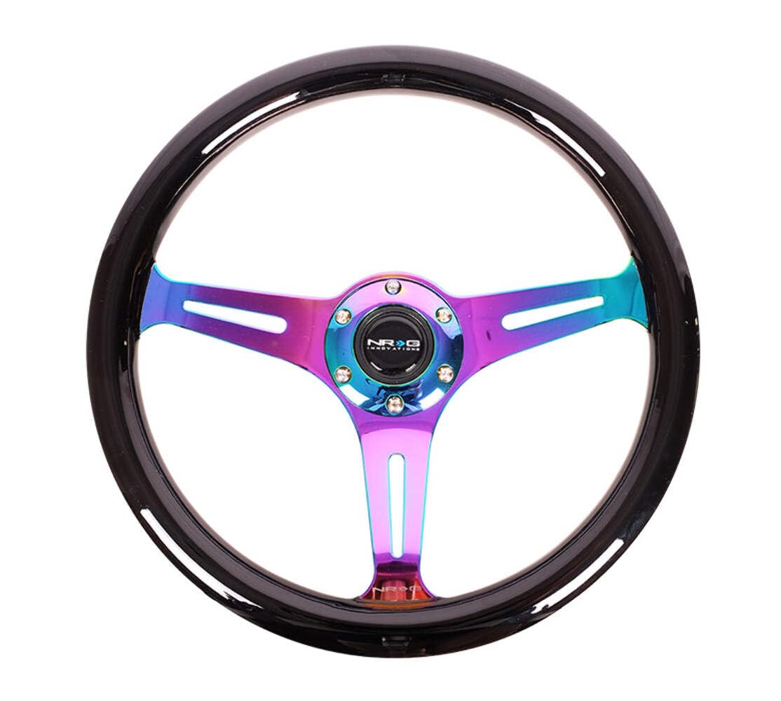 NRG Innovations Steering Wheel NRG-ST-015MC-BK - 350mm 25mm Deep Configuration, Classic Wood Grain Wheel 3 Neochrome Spokes, Black Paint Grip