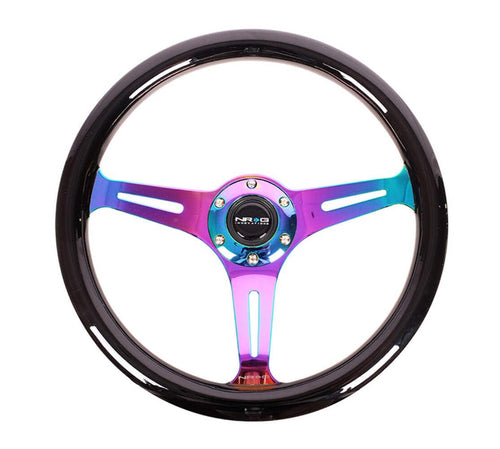 NRG Innovations Steering Wheel NRG-ST-015MC-BK - 350mm 25mm Deep Configuration, Classic Wood Grain Wheel 3 Neochrome Spokes, Black Paint Grip
