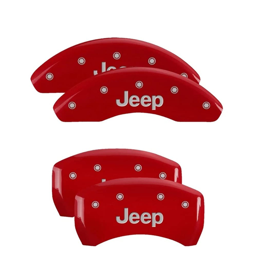 Brake Caliper Covers MGP for Jeep Wrangler 2007-2018/ Jeep Liberty 2008-2012 with Red Powder Coat Finish Engraved Silver Jeep Logo, Front and Rear Caliper Cover (Set of 4)