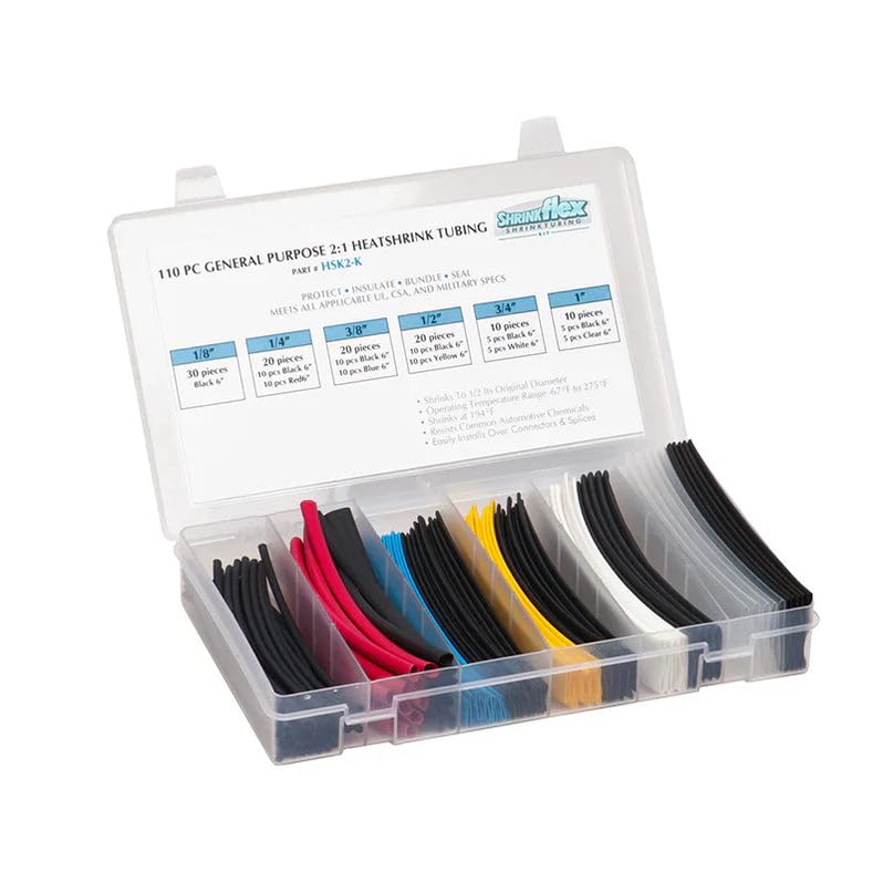 TUBING KIT: Shrink 110 PCS, 6" Lengths, 6 Sizes(1/8" to 1"), 2:1 Heat Shrink TUBING, Assorted Colors