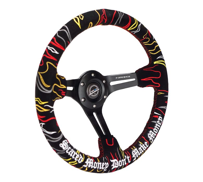 NRG Innovations Reinforced Steering Wheel NRG-RST-018MB-RLB, 3" Deep, 5 mm Black Spoke with Slit Spokes, Black Alcantara, Red Stitching