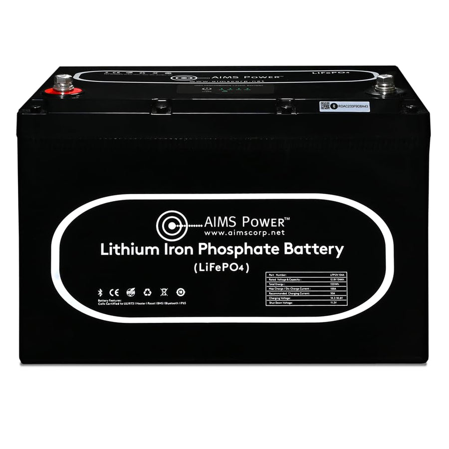 AIMS Lithium 12V LiFePO4 Battery 104Ah with Wake-Up, BT Monitoring & Internal Heater LFP12V104A