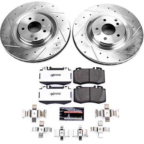 Power Stop K6585-26 Z26 Carbon Fiber Brake Pads Front with Drilled & Slotted Brake Rotors Kit and 1 Front Sensor Wire For C55 AMG, CLK500, CLK55 AMG, CLK550 [Model Specific]