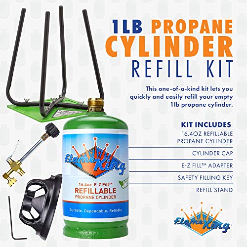 Refillable Flame King 1LB Empty Propane Cylinder Tank with Refill Kit and CGA600 Connection - Reusable, Safe and Legal Refill Option, DOT Compliant