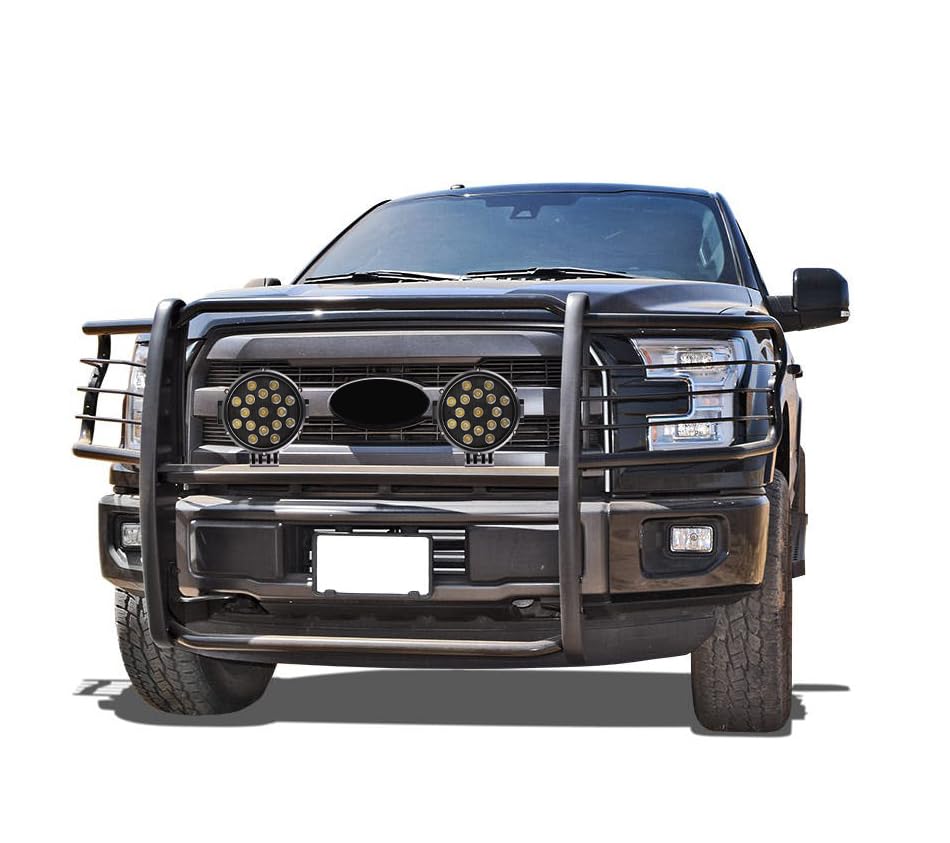 Grille Brush Black Horse Bumper Guard Modular Black Come with Pair of 7.0" Dia.LED Lights with Black Trim Rings Compatible with 2017-2023 Ford F-250/F-350/F-450/F-550 Super Duty-17FB28MA-PLB