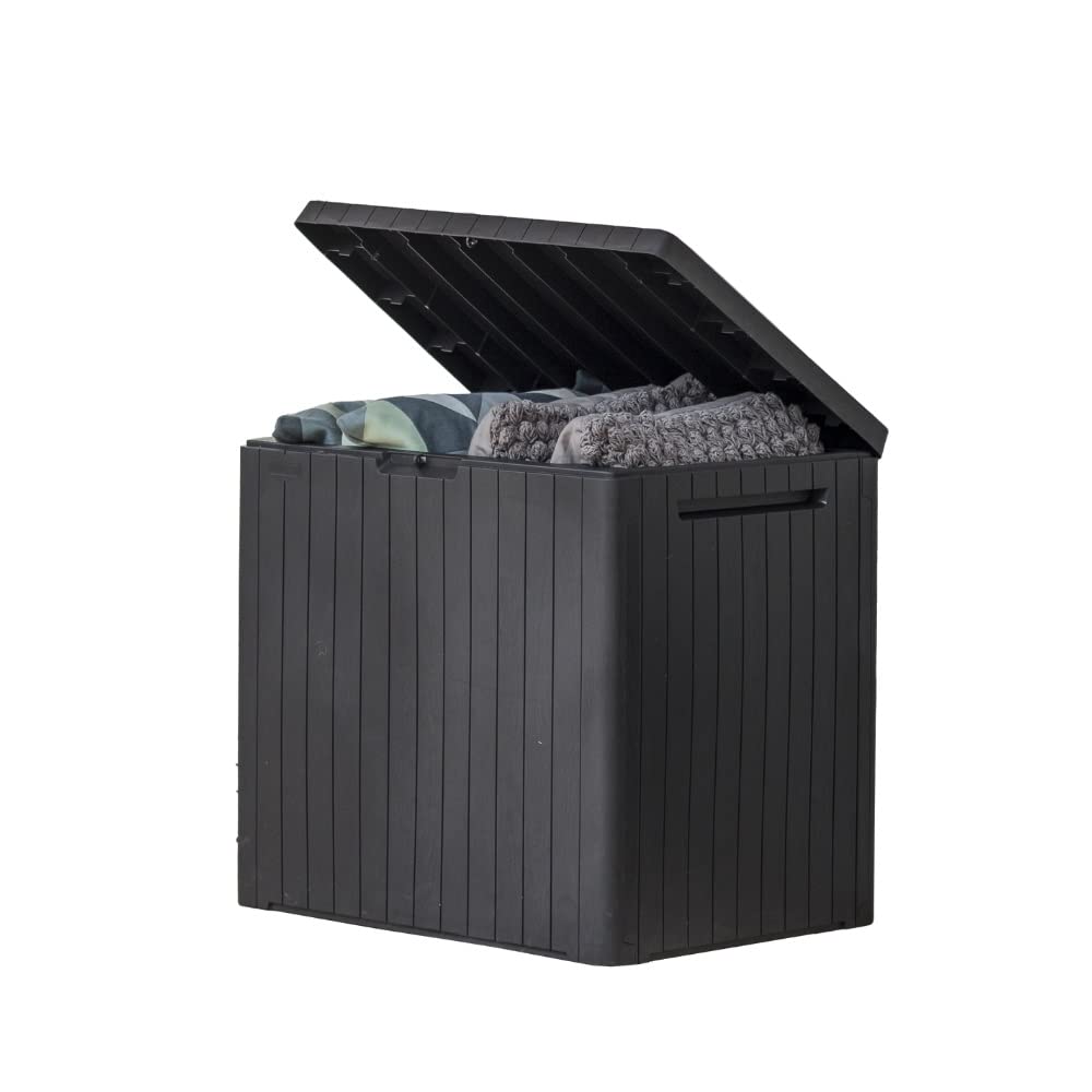 Keter 30 Gallon Resin Outdoor Storage Box and Patio Furniture Side Table for Pool and Garden Accessories, Dark Grey