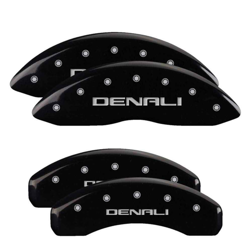 Brake Caliper Covers MGP for GMC Sierra 1500 2018-2023 with Black Powder Coat Finish Engraved Silver Denali Logo (Set of 4)