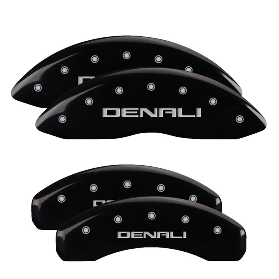 Brake Caliper Covers MGP for GMC Sierra 1500 2018-2023 with Black Powder Coat Finish Engraved Silver Denali Logo (Set of 4)