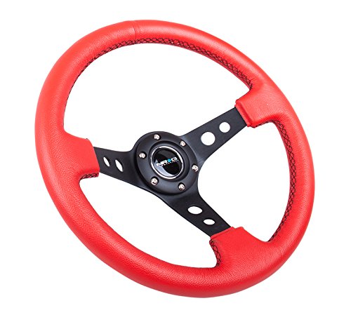 NRG Innovations Reinforced NRG-RST-006RR-BS Steering Wheel - 350mm Sport Steering Wheel (3" Deep) - Black Spoke with Round holes, Red Leather, Black Stitch