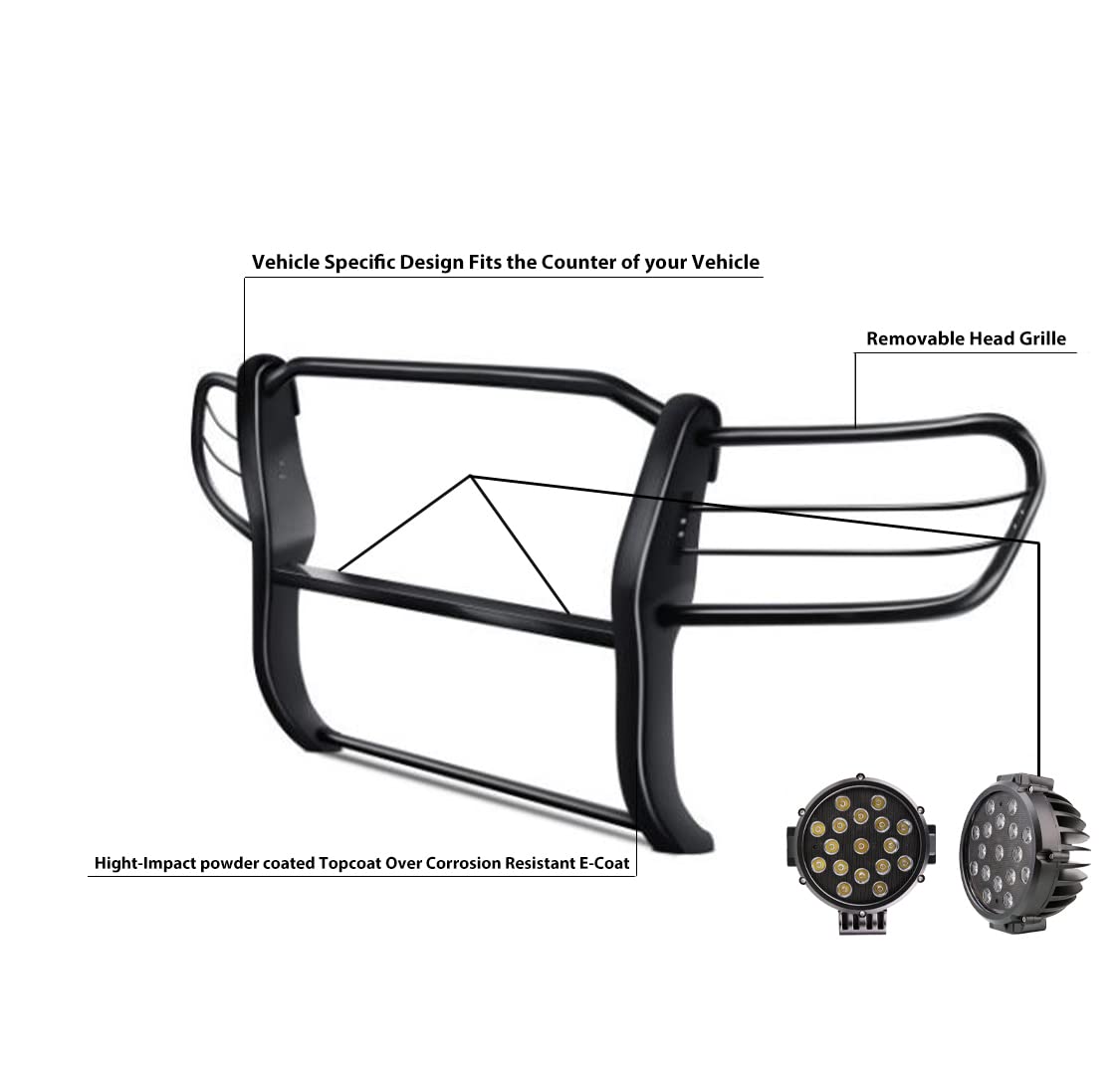 Grille Brush Black Horse Bumper Guard Modular Come with Pair of 7.0" Dia.LED Lights with Black Trim Rings Compatible with 1998-2007 Toyota Land Cruiser-17SG598MA-PLB