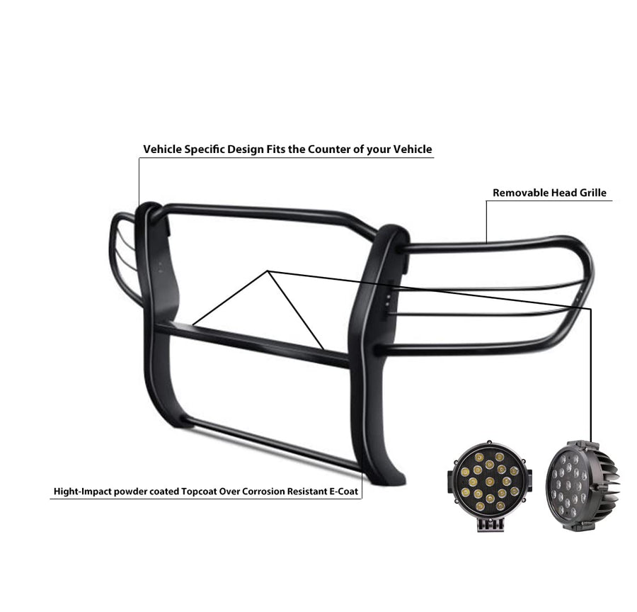 Grille Brush Black Horse Bumper Guard Modular Come with Pair of 7.0" Dia.LED Lights with Black Trim Rings Compatible with 1998-2007 Toyota Land Cruiser-17SG598MA-PLB