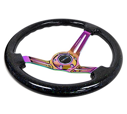 NRG Innovations Reinforced NRG-RST-018BSB-MC Classic Wood Grain Steering Wheel, 350mm, 75mm Deep, 3 Spoke Slotted Center Neochrome With Black Multi Color Flake Wood Double Riveted Spokes
