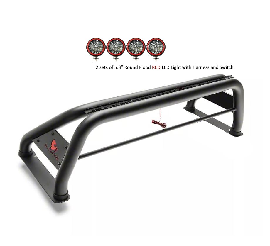 Classic Black Horse Roll Bar Incl. Set of 5.3" Dia.Led Lights w/Red Trim Rings Compatible with 99-22 Ford F-250 Super Duty|99-22 Ford F-350 Super Duty|99-22 Ford F-450 Super Duty-RB015BK-PLFR