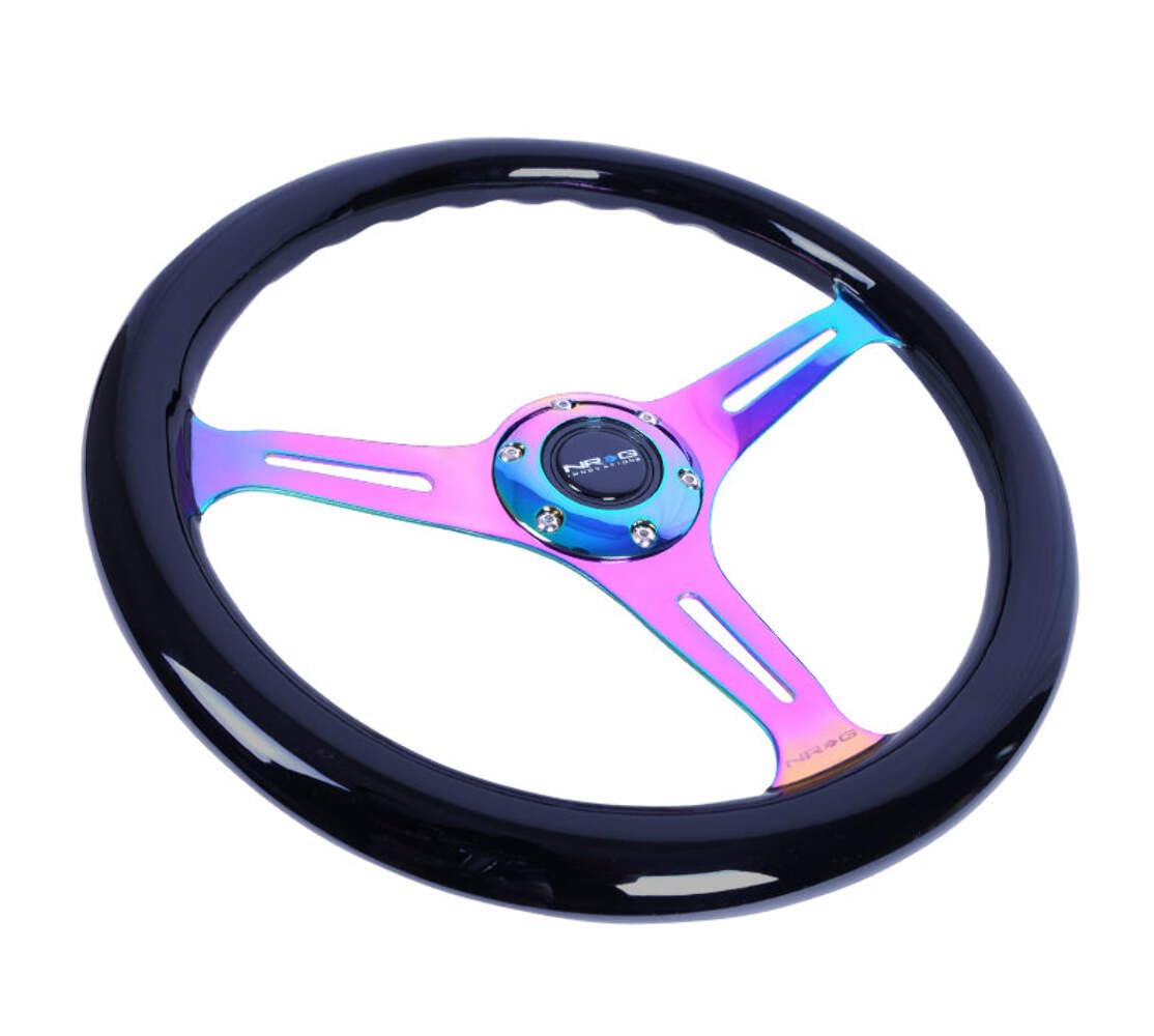 NRG Innovations Steering Wheel NRG-ST-015MC-BK - 350mm 25mm Deep Configuration, Classic Wood Grain Wheel 3 Neochrome Spokes, Black Paint Grip