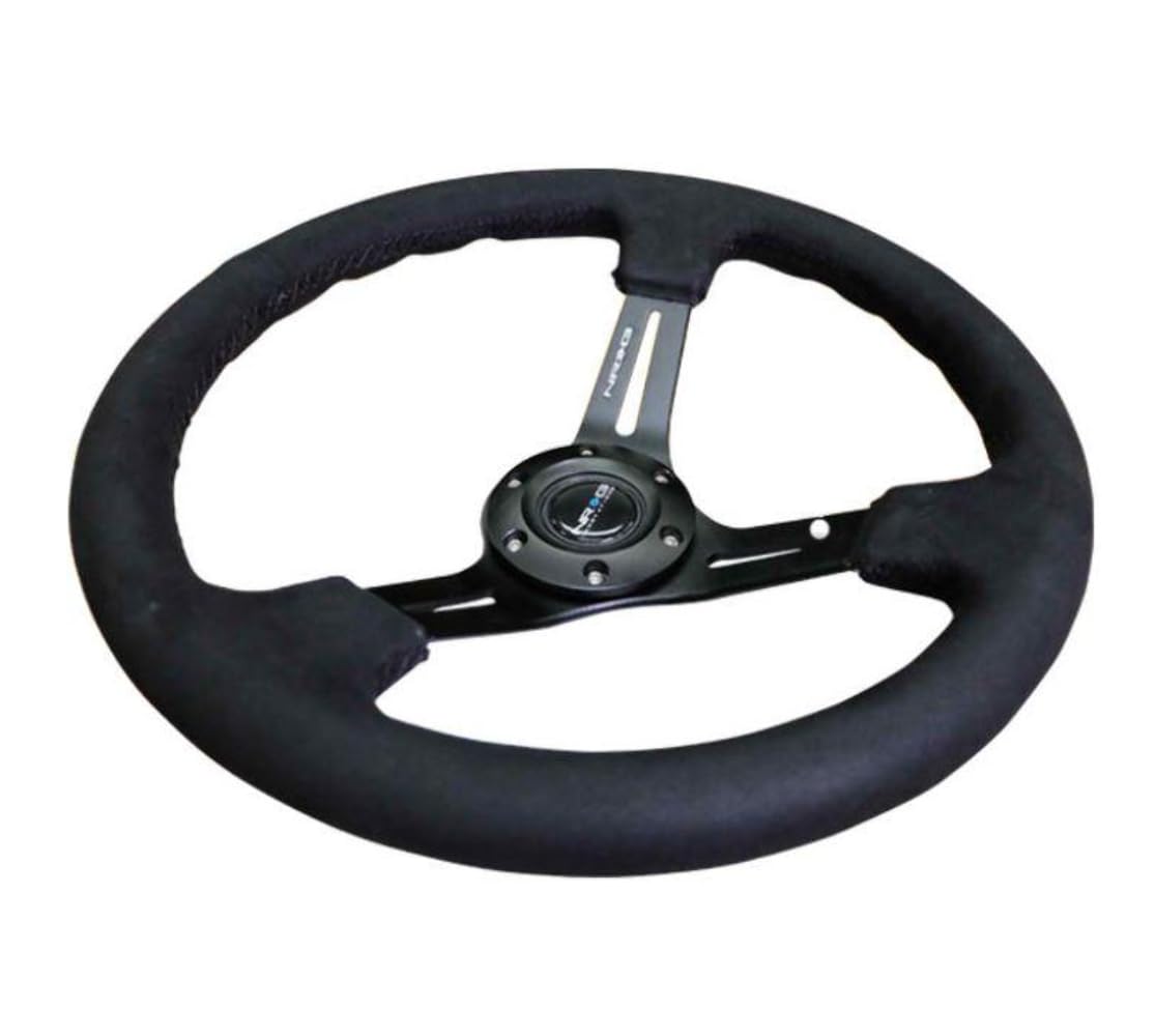 NRG Innovations Reinforced NRG-RST-018SA Steering Wheel 350mm Sport Steering Wheel (3" Deep) Black Leather with Alcantara Stitching, Slit Spoke Design over Circular Cut-Outs