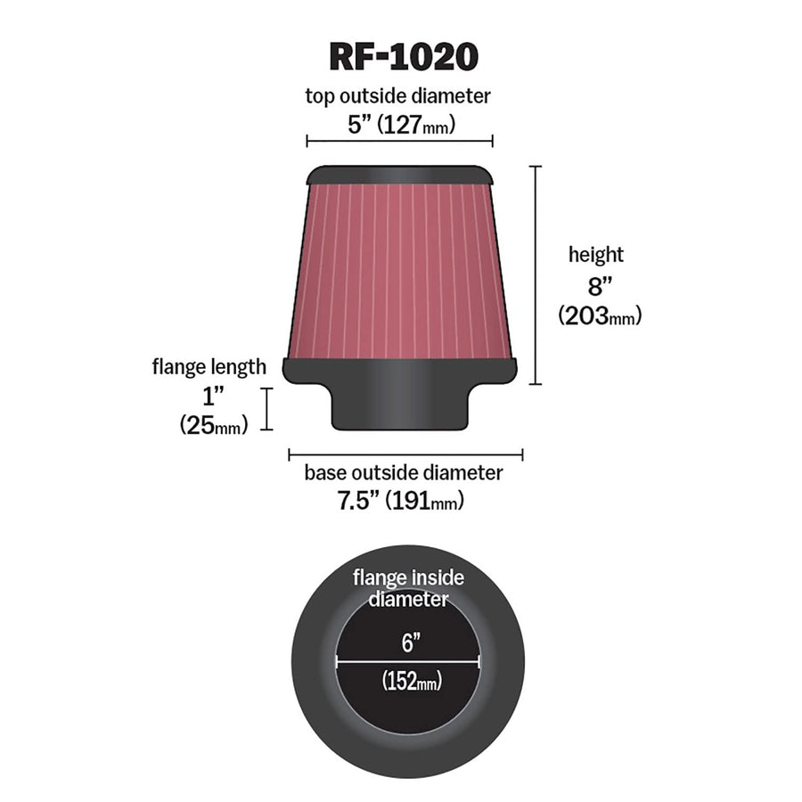 High-Flow K&N Original Lifetime Universal Clamp-On Air Filter: High Performance, Premium, Washable: Flange Diameter: 6 In, Filter Height: 8 In, Flange Length: 1 In, Shape: Round Tapered, RF-1020