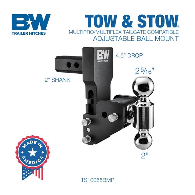 MultiPro B&W Trailer Hitches Tow & Stow Adjustable Trailer Hitch Ball Mount Compatible with Tailgate - Fits 2" Receiver, Dual Ball (2" x 2-5/16"), 4.5" Drop, 10,000 GTW -TS10065BMP