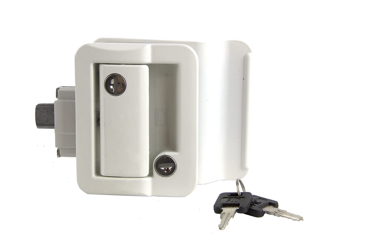 Global Entry Door Latch Kit Lippert with Deadbolt, Keyed Lock, Two FIC Keys, Edge Cover Plate, Strike Plate, Mounting Screws for Travel Trailers - 239632, White
