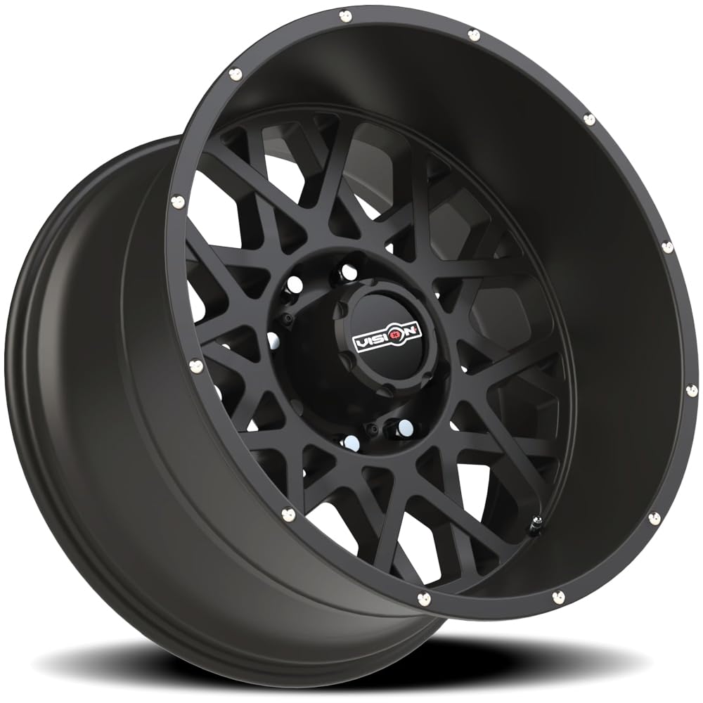 Rocker Style: Vision Off-road Wheels, 412 RWD, Finish: Satin Black w/Chrome Bolts, Wheel Size Inches: 18X9 PCD: 5-150 Load Rating lbs. 2400