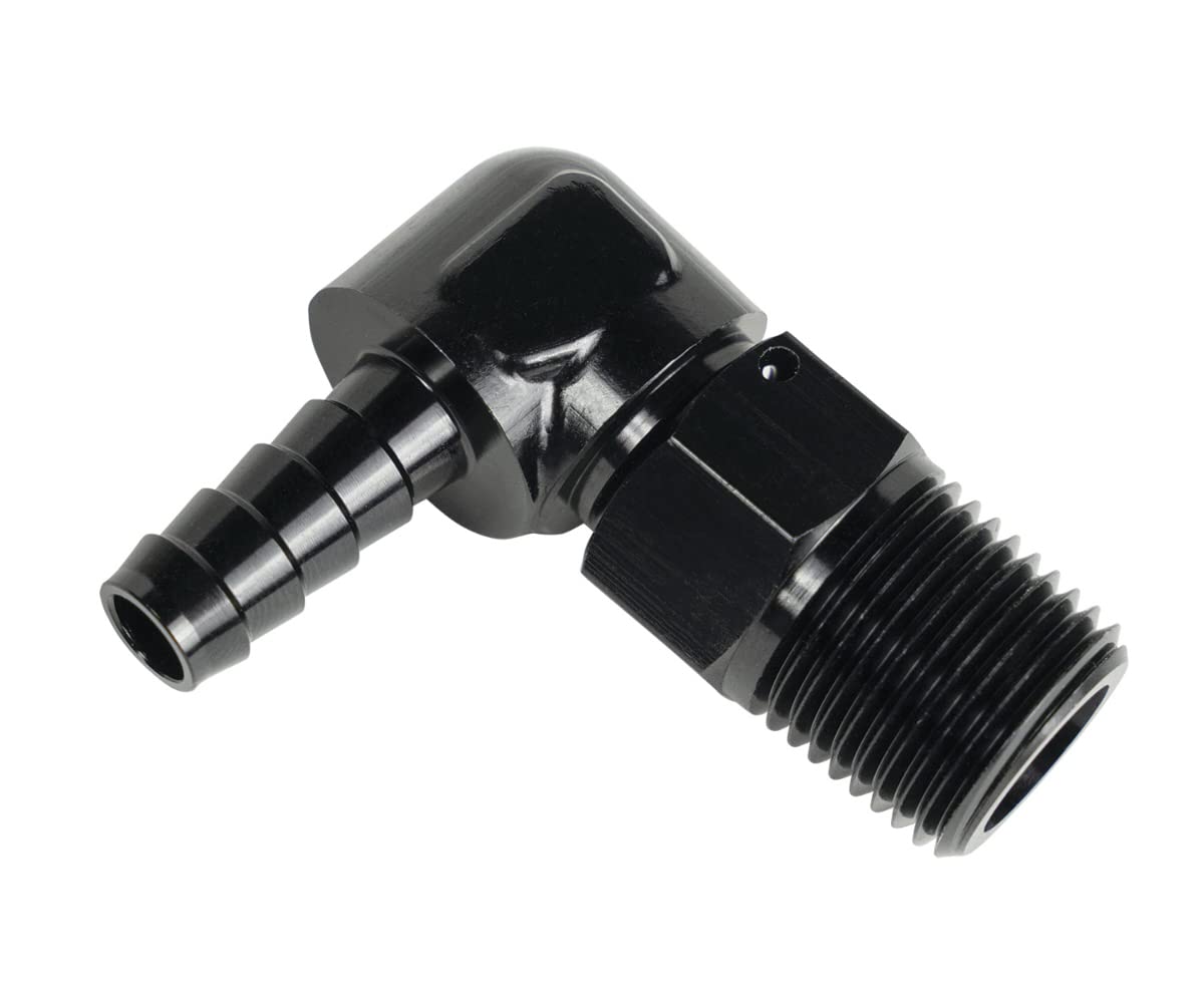Adapter, DERALE Fitting, 90 Degree, 7/8-14 in NPT Male O-Ring to 3/8 in Hose Barb, Aluminum, Black Anodized, Each