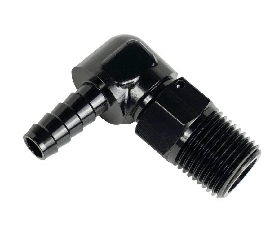 Adapter, DERALE Fitting, 90 Degree, 7/8-14 in NPT Male O-Ring to 3/8 in Hose Barb, Aluminum, Black Anodized, Each