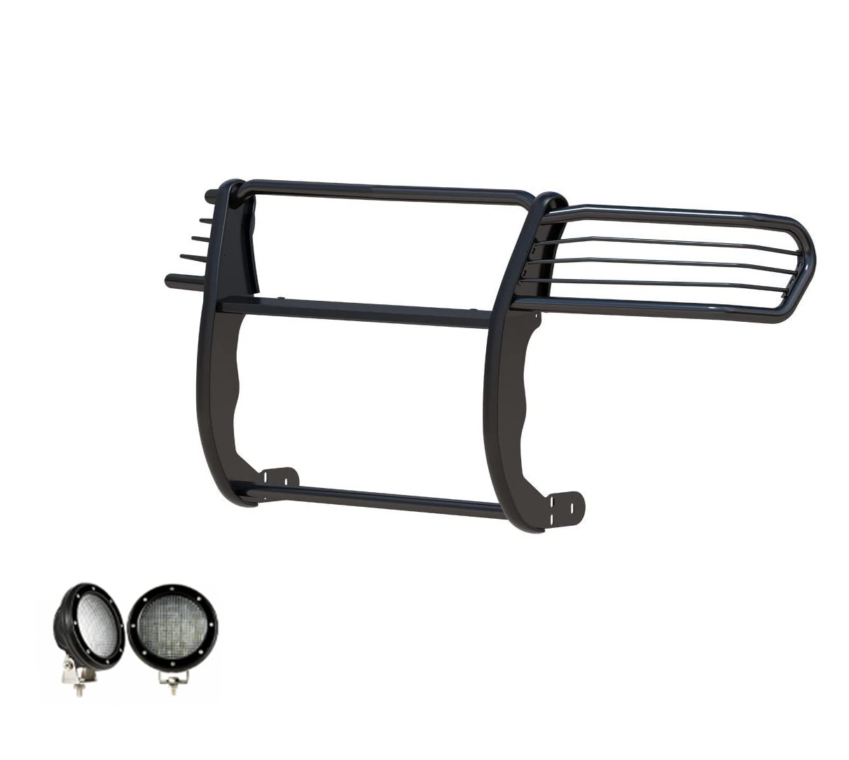 Bumper Guard Modular Black Horse Grille brush Come with Pair of 5.3" Dia.LED Lights with Black Trim Rings Compatible with 1997-2003 Infiniti QX4|1996-2004 Nissan Pathfinder-17NE23MA-PLFB