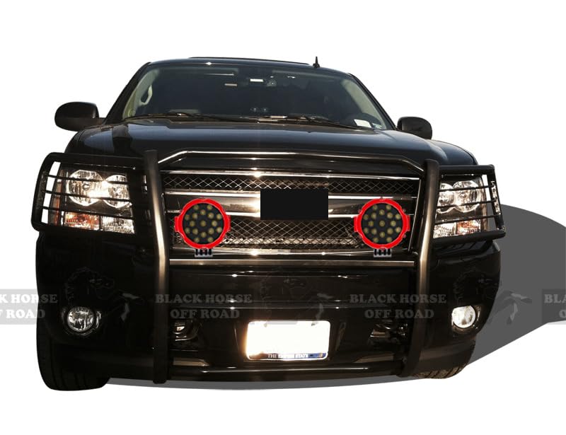 Grille Brush Black Horse Bumper Guard Modular Black Come with Pair of 7.0" LED Lights with Red Trim Rings Compatible with 2007-2013 Avalanche|2007-2014 Suburban 1500|2007-2014 Tahoe-17A037400MA-PLR