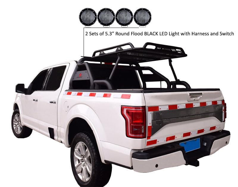 Warrior Black Horse Roll Bar Incl. Set of 5.3" Dia.LED Lights Compatible with 1/2 TON Trucks (GM Silverado 14+/Ford F150 15+/Dodge RAM 15+) with Full Size Cargo Basket(with RED Brake Light)