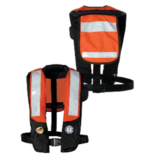 Inflatable Mustang Survival Corp PFD with HIT (Auto Hydrostatic) with Back Flap and Solas Reflective Tape, Orange/Black