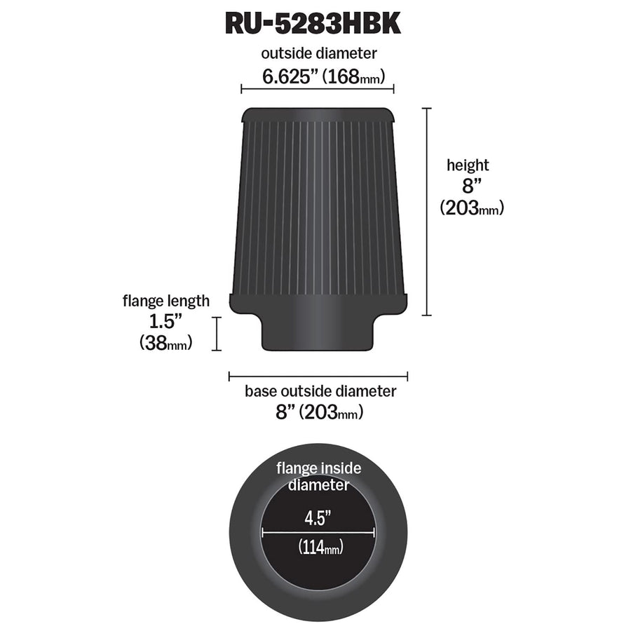 K&N Lifetime Dryflow Universal Clamp-On Air Filter: Dry Synthetic, Washable, Oil-Free: Flange Diameter: 4.5 In, Filter Height: 8 In, Flange Length: 1.5 In, Shape: Round Tapered, RU-5283HBK