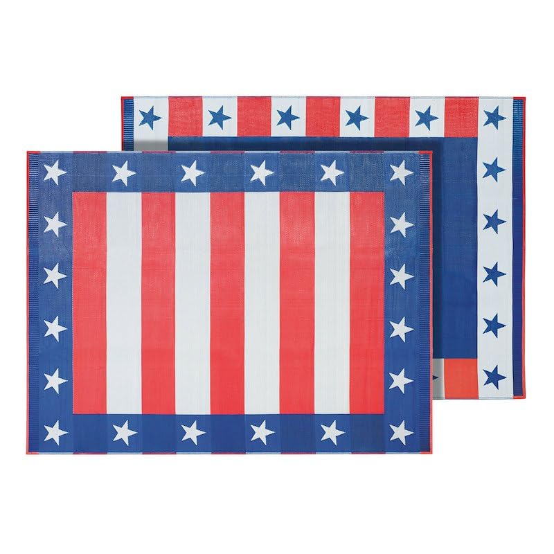 Independence Day Design Faulkner Patio Mat 49601S, Multi-Purpose Work/Play Mat, 68 in Len x 36 in Width, Red/White/Blue, Polypropylene, Reversible Fabric, UV Resistant, with Corner Tie-Downs