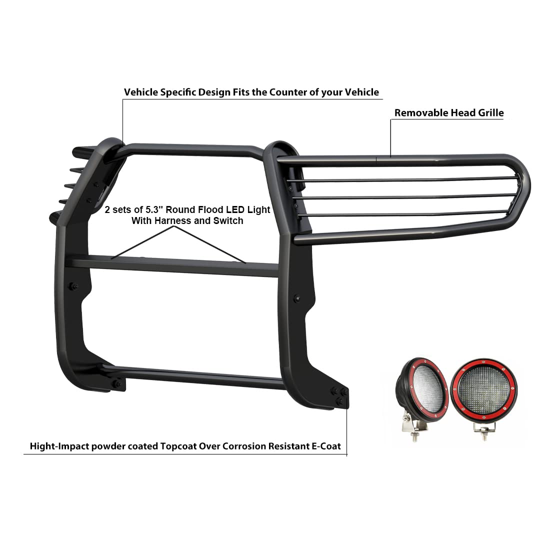 Grille Brush Black Horse Bumper Guard Modular Come with Pair of 5.3" LED Lights with Red Trim Rings Compatible with 1994-2001 Dodge Ram 1500|1994-2002 Dodge Ram 2500/3500-17DG100MA-PLFR