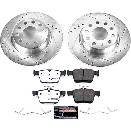 Power Stop K7093-26 Z26 Carbon Fiber Brake Pads Rear with Drilled & Slotted Brake Rotors Kit For Audi A3, Audi A3 Quattro, Audi A3 Sportback e-tron, VW Taos, VW e-Golf [Model Specific]