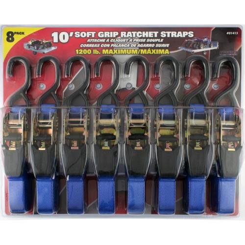 1″ x 10' – 1200 Lb. Soft Grip Ratcheting Tie-Down Straps (1413), Qty 8 Erickson Manufacturing