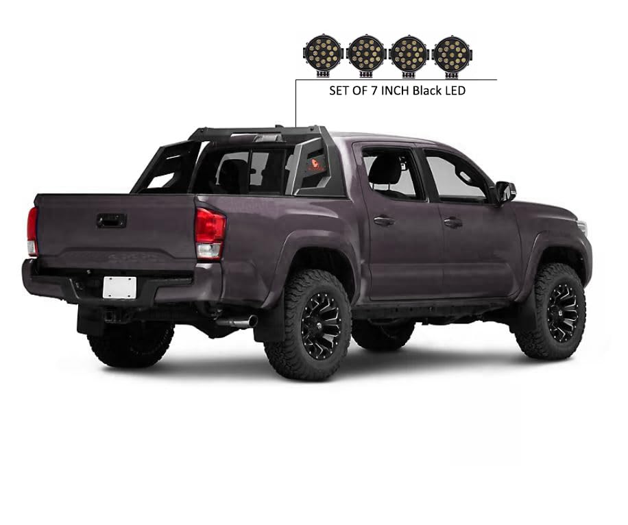 Armour Roll Bar Black Horse Matte Black incl. Pair of 7.0" Dia. LED Lights w/Black Trim Rings with 7" Black Round LED Lights - Compatible with Chevrolet, GMC, Toyota RB-AR3B-PLB