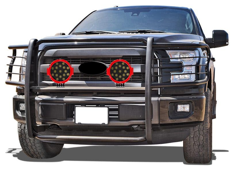Bumper Guard Modular Black Black Horse Grille brush Come With pair of 7.0"LED Lights with Red Trim Rings Compatible with 2017-2023 Ford F-250/Ford F-350 /Ford F-450/Ford F-550 Super Duty-17FB28MA-PLR